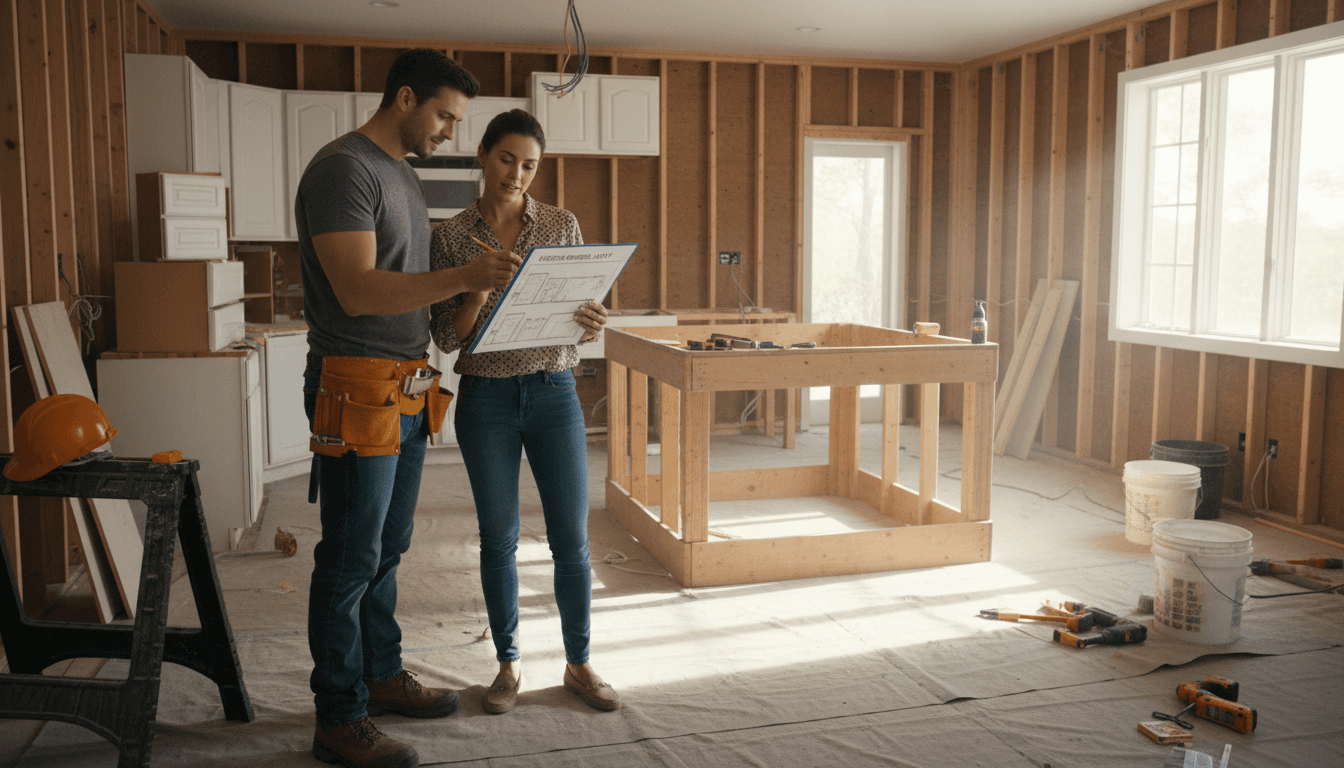 Contractor reviewing blueprints with homeowner at a kitchen remodel